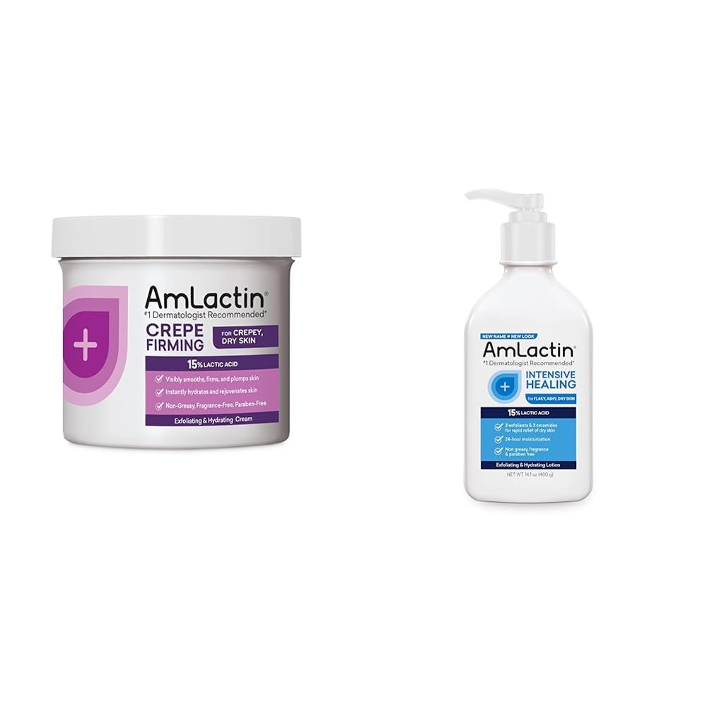 AmLactin Crepe Firming Cream - 12 oz Body Cream with 15% Lactic Acid - Exfoliator and Moisturizer & Intensive Healing Body Lotion for Dry Skin 14.1 oz Pump Bottle 2-in-1 Exfoliator