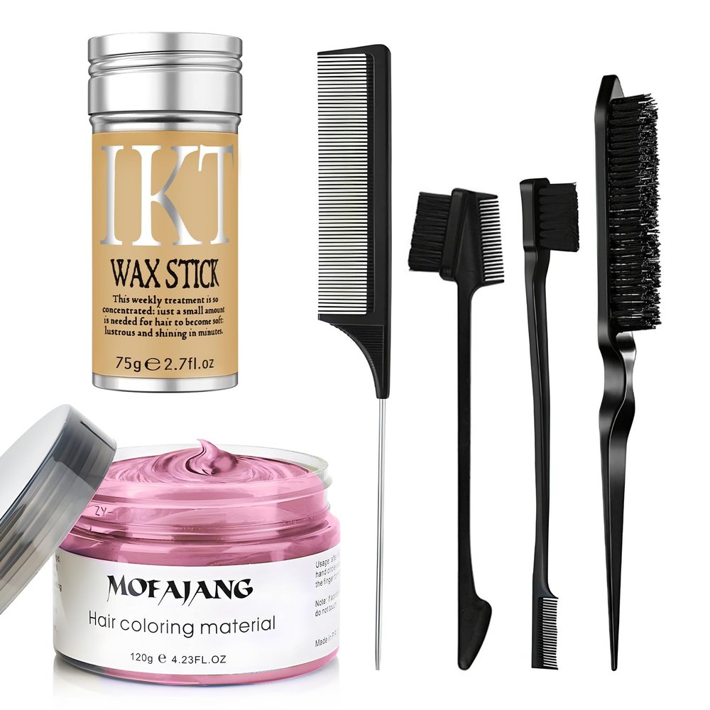 VOLLUCK Light Pink Temporary Hair Dye Wax + Hair Wax Stick for Wigs + 4 PCS Edge Brushes Hair Styling Comb Set