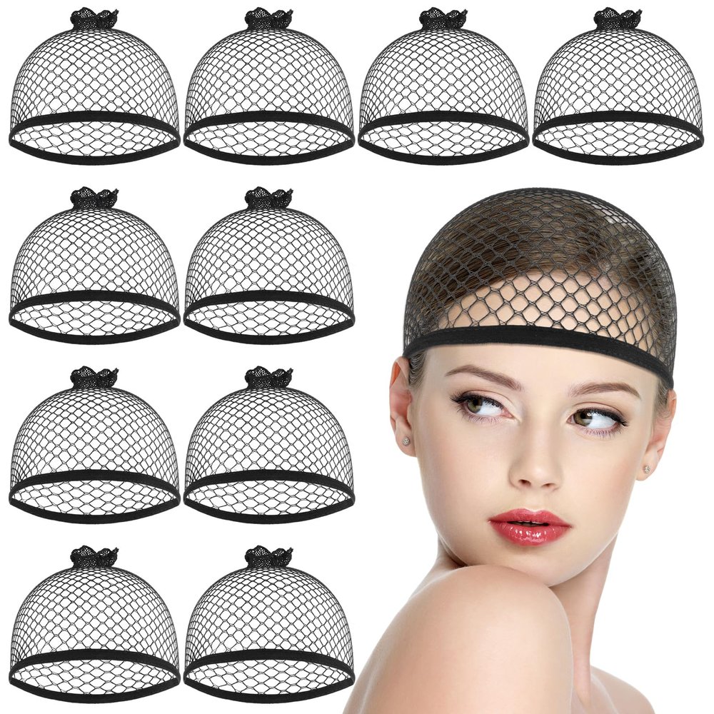 10 Pcs Mesh Wig Caps for Women, Black Wig Cap Net Nylon Hair Net for Lace Front Wigs, Stretchy Open End Hair Mesh Net for Halloween, Cosplay