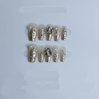 Handmade wearable nail spring and summer show white square sugar bright diamond removable handmade wearable nail (Color : S)