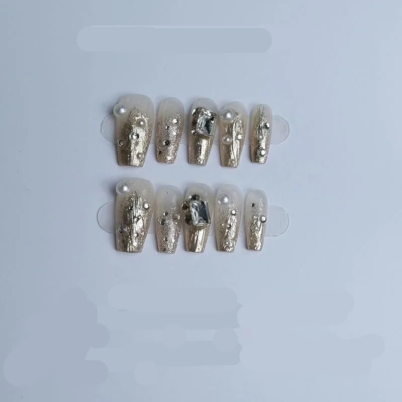 Handmade wearable nail spring and summer show white square sugar bright diamond removable handmade wearable nail (Color : S)