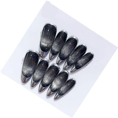 NALoRa Handmade Press On Nails Medium Length Water Drop Shape French Black Cat Eye Removable Wearing nails (Color : M)
