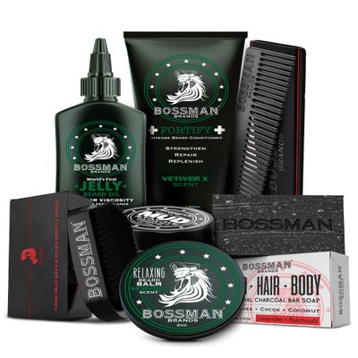 Bossman Big Boss Beard Care Kit for Men - 7 Piece Beard Grooming Kit with Jelly Beard Oil, Beard Conditioner, Beard Balm, MUDstache Wax, Bar Soap, Metal Comb, Brush - Gift Set for Men (Vetiver X)