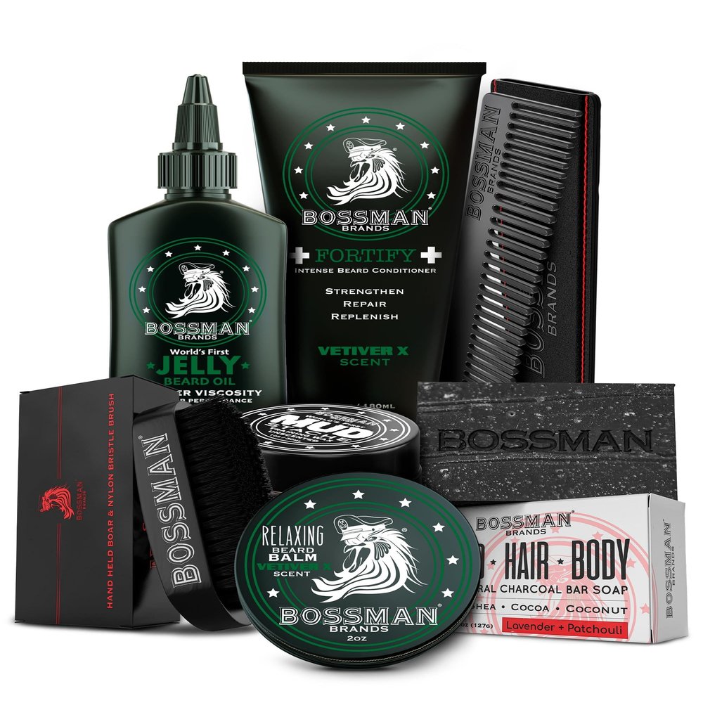 Bossman Big Boss Beard Care Kit for Men - 7 Piece Beard Grooming Kit with Jelly Beard Oil, Beard Conditioner, Beard Balm, MUDstache Wax, Bar Soap, Metal Comb, Brush - Gift Set for Men (Vetiver X)