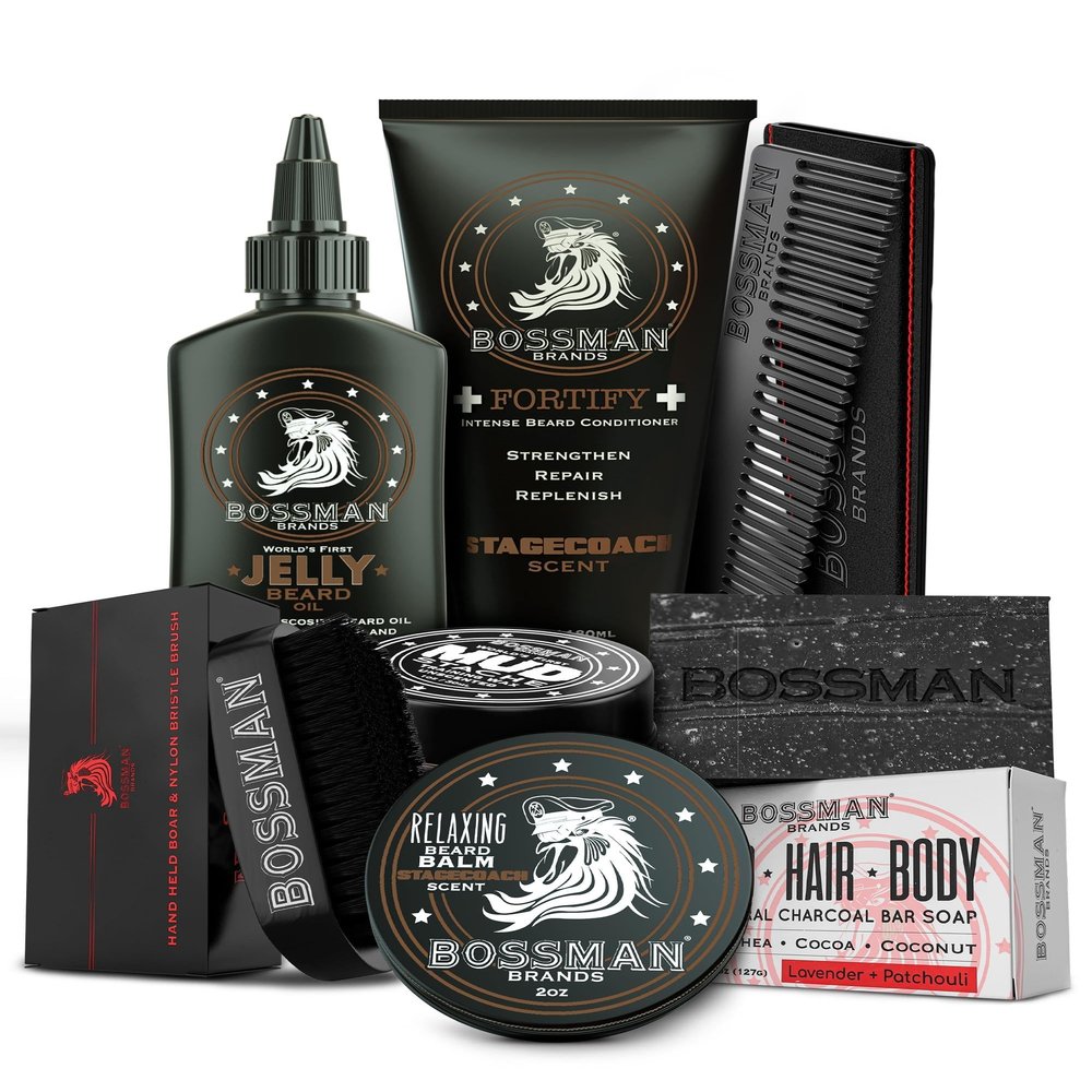 Bossman Big Boss Beard Care Kit for Men - 7 Piece Beard Grooming Kit with Jelly Beard Oil, Beard Conditioner, Beard Balm, MUDstache Wax, Bar Soap, Metal Comb, Brush - Gift Set for Men (Stagecoach)