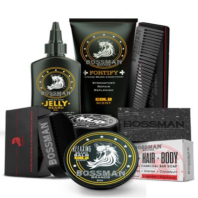 Bossman Big Boss Beard Care Kit for Men - 7 Piece Beard Grooming Kit with Jelly Beard Oil, Beard Conditioner, Beard Balm, MUDstache Wax, Bar Soap, Metal Comb, Brush - Gift Set for Men (Gold)