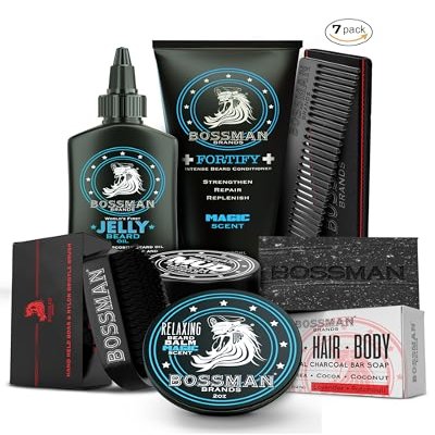 Bossman Big Boss Beard Care Kit for Men - 7 Piece Beard Grooming Kit with Jelly Beard Oil, Beard Conditioner, Beard Balm, MUDstache Wax, Bar Soap, Metal Comb, Brush - Gift Set for Men (Magic)