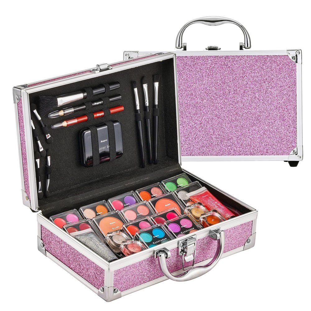 Anpro All-In-One Makeup Kit for Girls 10-12 with Case, Pro Teen Makeup Set, Tween Makeup Kit for Teens Women, Full Starter Make Up Kit with Brushes, Lipstick, Eye Shadows Palette, Blushes, Glitter Gel