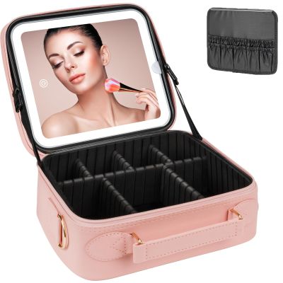 iFalarila Makeup Bag with LED Mirror, [3 Color and Stepless Dimmable] Rechargeable LED Light for Makeup Bag Train Case with Brushes Storage Organizer, Travel Box Cosmetic Bag for Women - Pink