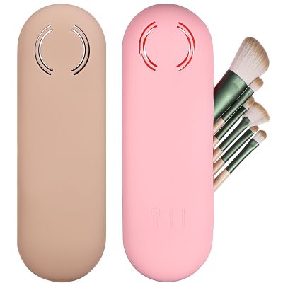 2 Pcs Silicone Makeup Brush Holder Travel Case - Soft Makeup Brush Bag with Magnetic Closure, Easy to Clean, Great for Travel Essentials (Pink+Khaki)
