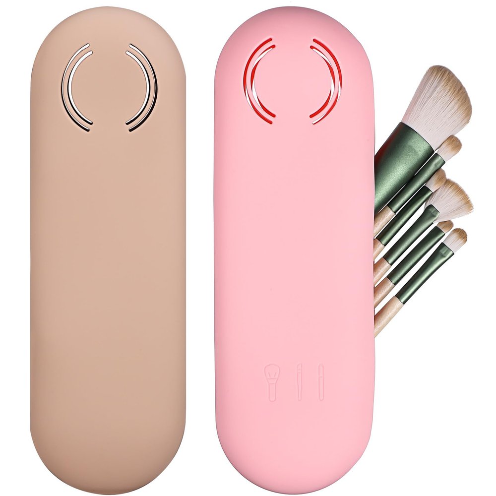 2 Pcs Silicone Makeup Brush Holder Travel Case - Soft Makeup Brush Bag with Magnetic Closure, Easy to Clean, Great for Travel Essentials (Pink+Khaki)