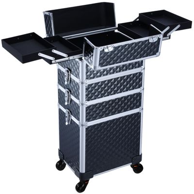 Faquenc Rolling Makeup Case with Wheels Professional 4 in 1 Cosmetic Train Case and Cosmetology Cart Trunk for Makeup Artists Hairstylists Nail Techs and Salons Large Storage Capacity, Black