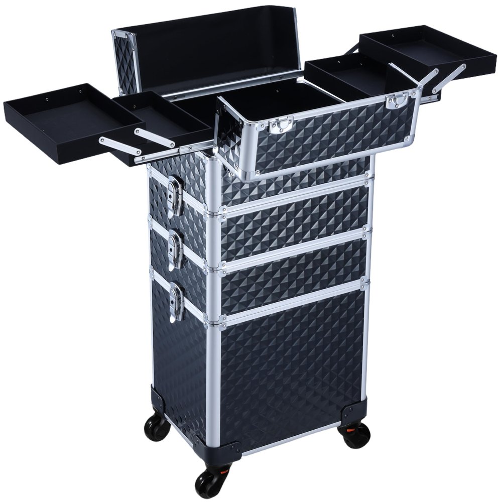 Faquenc Rolling Makeup Case with Wheels Professional 4 in 1 Cosmetic Train Case and Cosmetology Cart Trunk for Makeup Artists Hairstylists Nail Techs and Salons Large Storage Capacity, Black