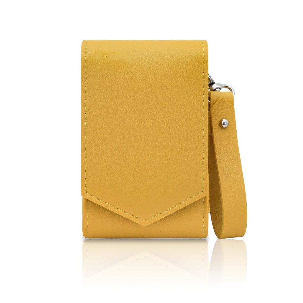 AfitLulu Makeup Case, Leather Lipstick Pouch with Mirror, Wristlet Holder with Removable Keychain, Holds 3 Lipsticks, Magnetic Closure (Yellow)