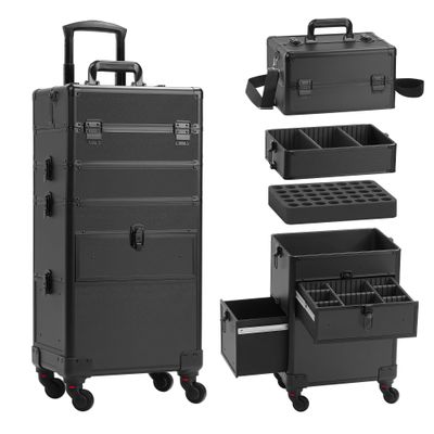 Somduy 4 in 1 Rolling Makeup Case on Wheels with Drawer and Professional Cosmetic Organizers for Salon Barber - Bright Black