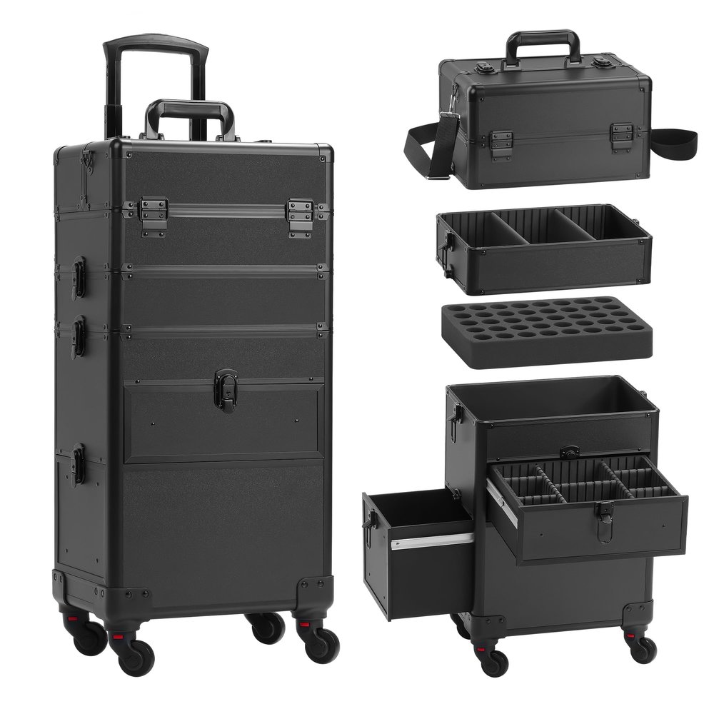 Somduy 4 in 1 Rolling Makeup Case on Wheels with Drawer and Professional Cosmetic Organizers for Salon Barber - Bright Black