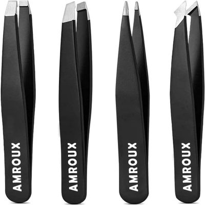 Amorux 4Pcs Eyebrow Tweezers Set For Women Facial Hair Professional hair removal Stainless Steel Tweezers for Ingrown Facial Hair, Splinters (Tweezers Set)