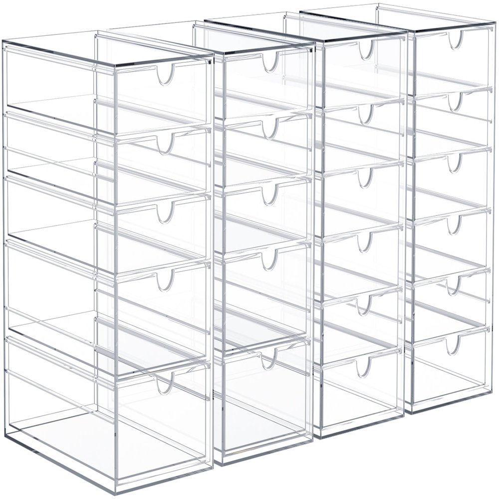 Sorbus Makeup Organizer With 22 Drawers, Acrylic Drawer Organizer for Makeup, Office Organization and Storage, Art Supplies, Jewelry, Stationary - 4 Pcs Clear Stackable Storage Bins Organizer Drawers