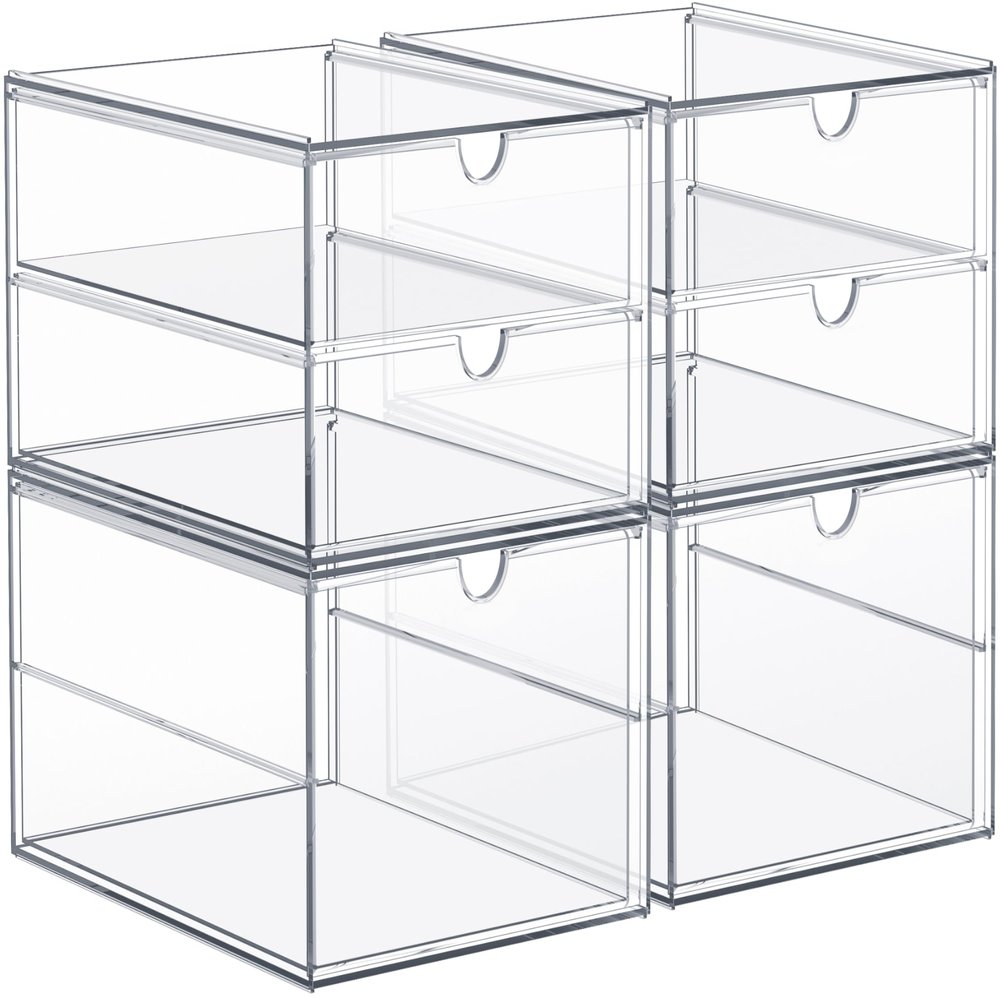 Sorbus Makeup Organizer With 6 Drawers, Acrylic Drawer Organizer for Makeup, Office Organization and Storage, Art Supplies, Jewelry, Stationary - 4 Pcs Clear Stackable Storage Bins Organizer Drawers