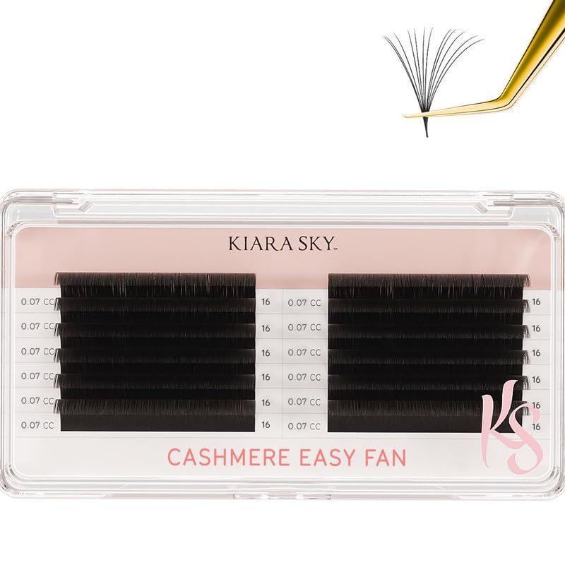 KIARA SKY LASH Premium Cashmere Easy Fan Lash Extensions | Soft Semi-matte natural finish | Fans like Butter | For Professional Eyelash Extensions Use Only | Black, (CC-0.07-16MM)