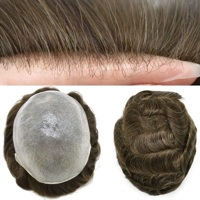 LYRICAL HAIR Toupee for Men Hair System Replacement Mens Toupee Hairpiece 0.04mm Thin Skin Mens Wig All V-Looped PU Hair Unit for Men 8"X10" #410 Medium Brown+10% Gray-100% Light to Med-light Density