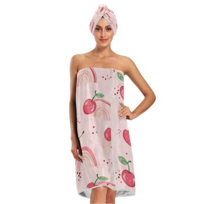 Bulletgxll Cherries and Rainbows Women's Shower Wrap Towel Set of 3 Adjustable Spa Body Wrap Super Absorbent Bathrobe with Hair Towel & Headband