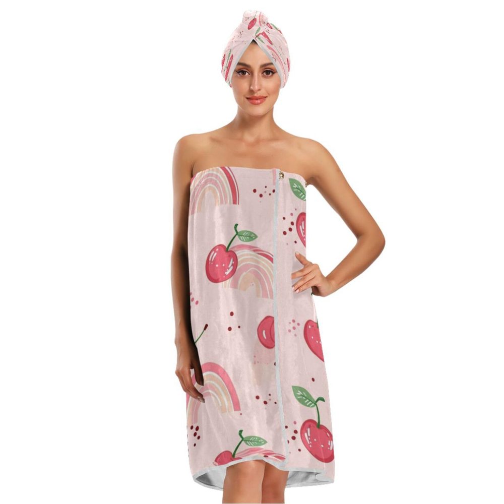Bulletgxll Cherries and Rainbows Women's Shower Wrap Towel Set of 3 Adjustable Spa Body Wrap Super Absorbent Bathrobe with Hair Towel & Headband