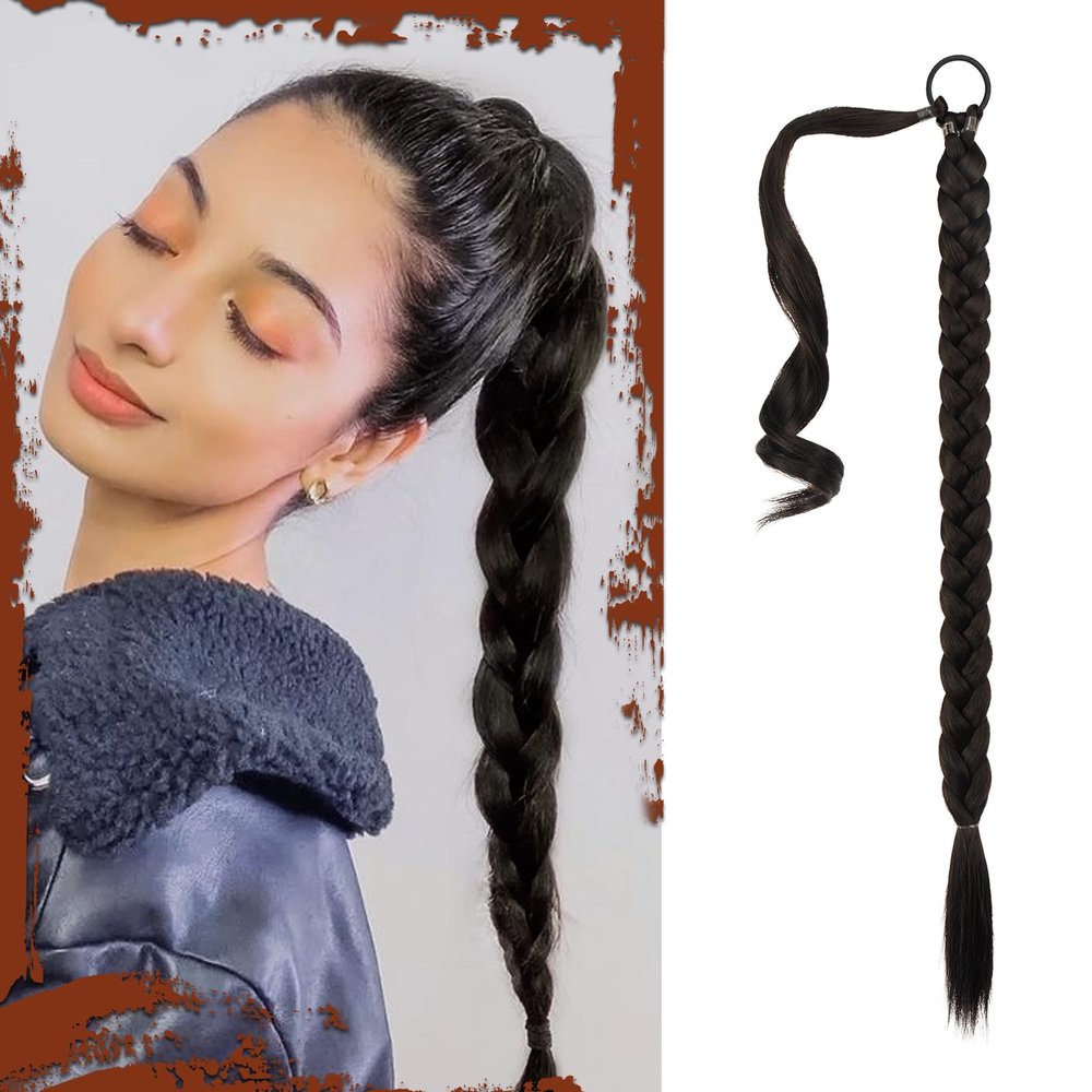 Sofeiyan Long Braid Ponytail Extension with Hair Tie Straight Sleek Wrap Around Hair Extensions Braid Pony Tail Fluffy Natural Soft Synthetic Hairpieces for Women Daily Wear, 26 inch-Black Brown