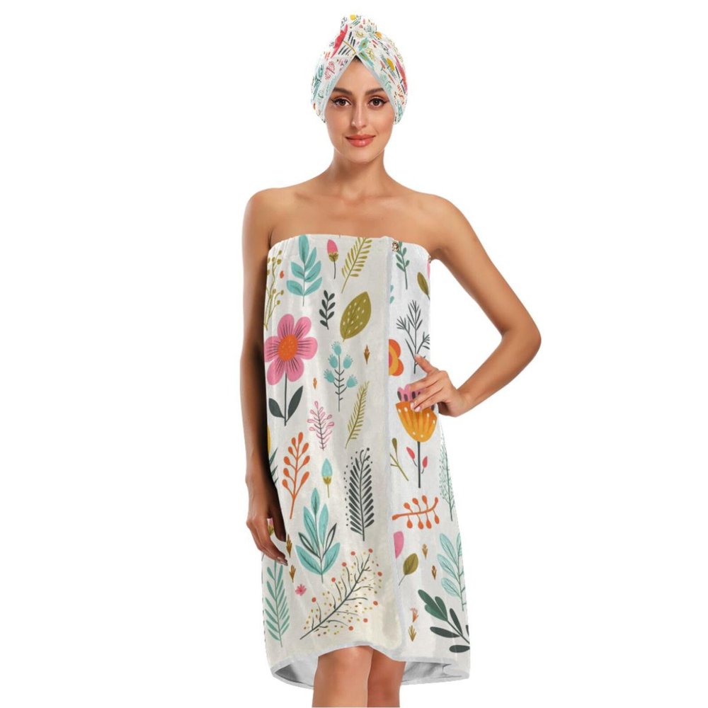 Bulletgxll Cute Leafs and Flowers Women's Shower Wrap Towel Set of 3 Adjustable Spa Body Wrap Super Absorbent Bathrobe with Hair Towel & Headband