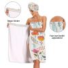 Bulletgxll Cute Leafs and Flowers Women's Shower Wrap Towel Set of 3 Adjustable Spa Body Wrap Super Absorbent Bathrobe with Hair Towel & Headband view 4
