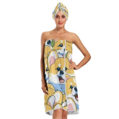 Bulletgxll Cartoon Dog Women's Shower Wrap Towel Set of 3 Adjustable Spa Body Wrap Super Absorbent Bathrobe with Hair Towel & Headband