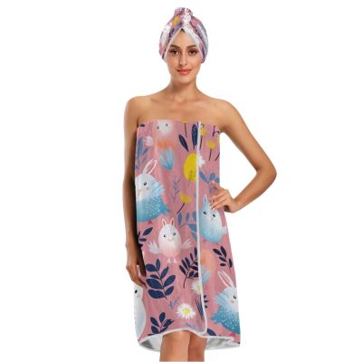 Bulletgxll Easter Rabbit and Chicks Women's Shower Wrap Towel Set of 3 Adjustable Spa Body Wrap Super Absorbent Bathrobe with Hair Towel & Headband