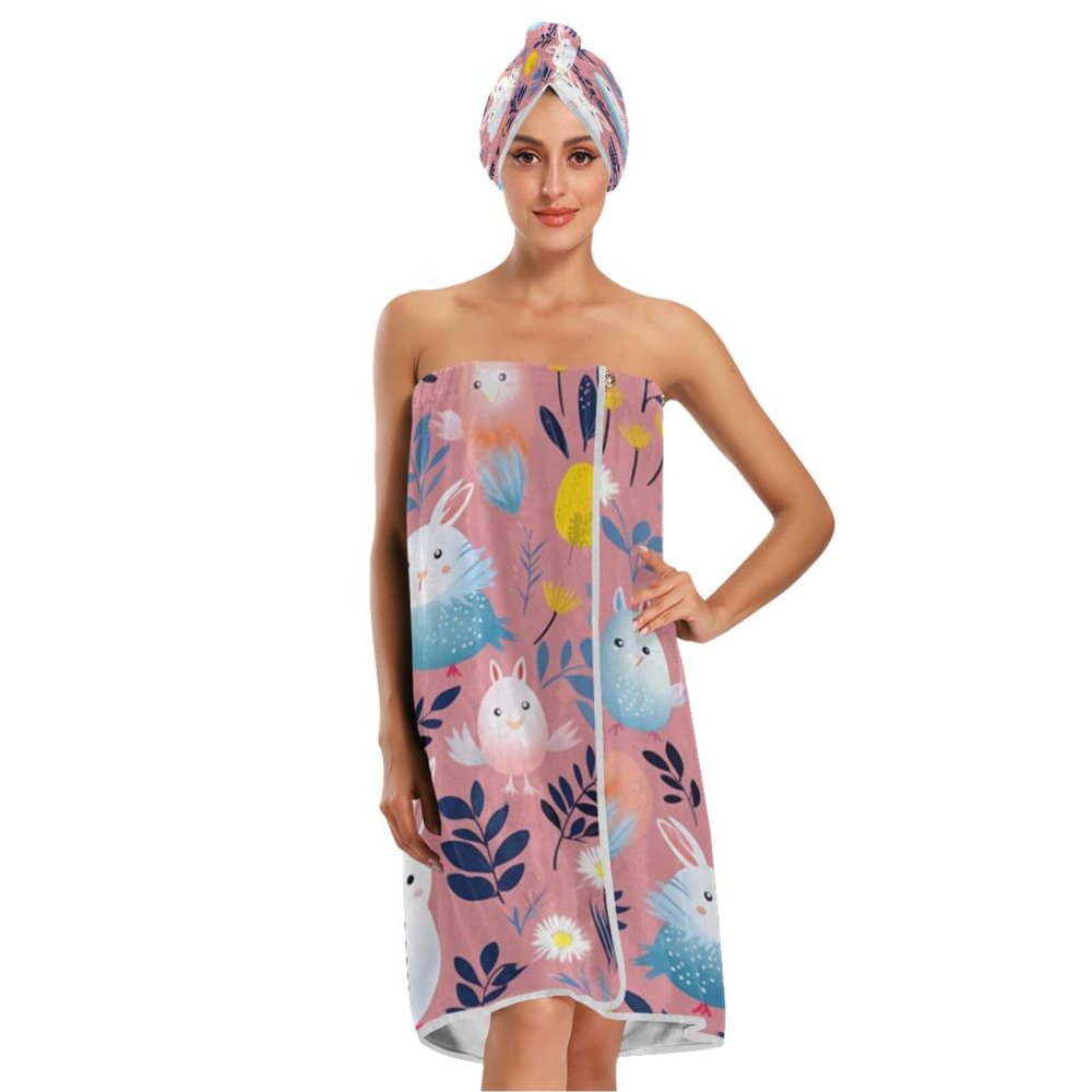 Bulletgxll Easter Rabbit and Chicks Women's Shower Wrap Towel Set of 3 Adjustable Spa Body Wrap Super Absorbent Bathrobe with Hair Towel & Headband