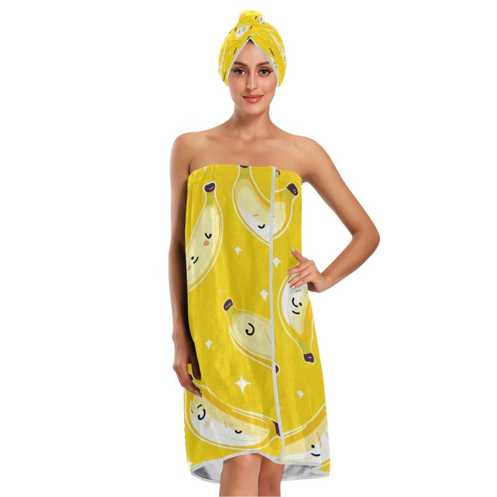 Bulletgxll Cute Banana Women's Shower Wrap Towel Set of 3 Adjustable Spa Body Wrap Super Absorbent Bathrobe with Hair Towel & Headband
