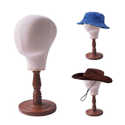 UnPinnable Canvas Mannequin Head Wig Head Stand Mannequin Head Hat Display Wig Head Hat Racks Standing Wig Holder Fabric Mannequin Head Stand for Wigs, Hats, Caps, Headdress, Canvas Dome+Wood Base