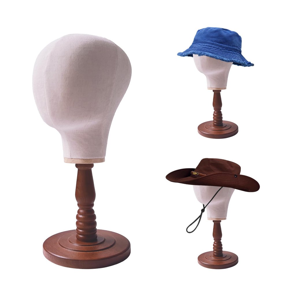 UnPinnable Canvas Mannequin Head Wig Head Stand Mannequin Head Hat Display Wig Head Hat Racks Standing Wig Holder Fabric Mannequin Head Stand for Wigs, Hats, Caps, Headdress, Canvas Dome+Wood Base