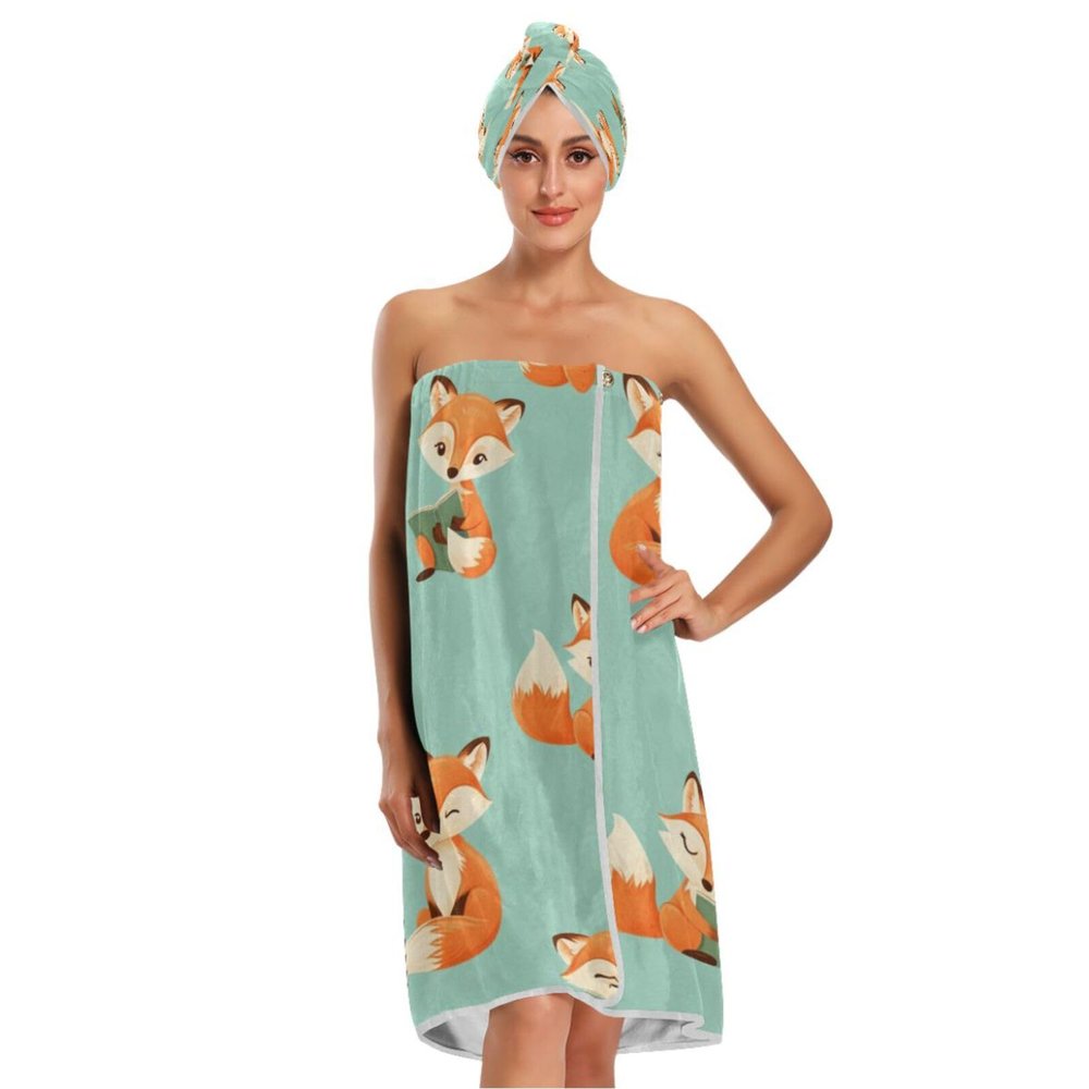 Bulletgxll Cartoon Fox Women's Shower Wrap Towel Set of 3 Adjustable Spa Body Wrap Super Absorbent Bathrobe with Hair Towel & Headband