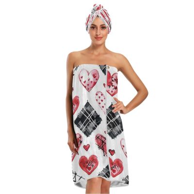 Bulletgxll Valentines Day Pattern Women's Shower Wrap Towel Set of 3 Adjustable Spa Body Wrap Super Absorbent Bathrobe with Hair Towel & Headband