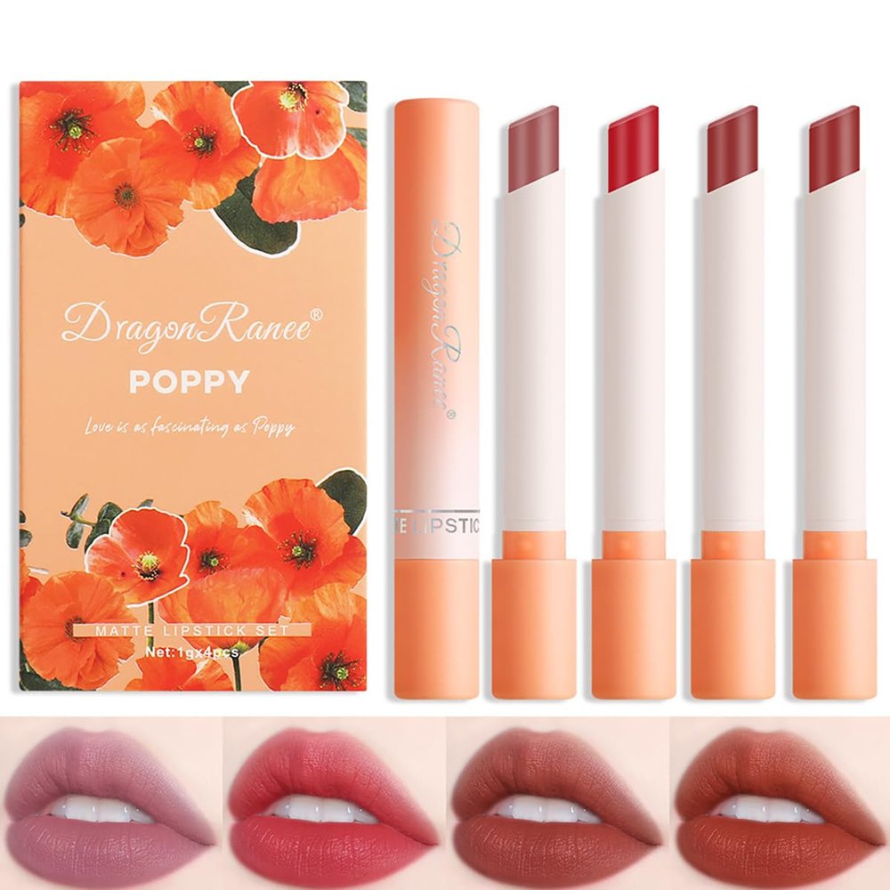 FYEBOO 4 Colors Tube Lipstick Set, Mate Velvet Lipstick Moisturizer & Smooth, Red Lip Stain Long Lasting 24 Hours Waterproof Lip Tinet (Set C)