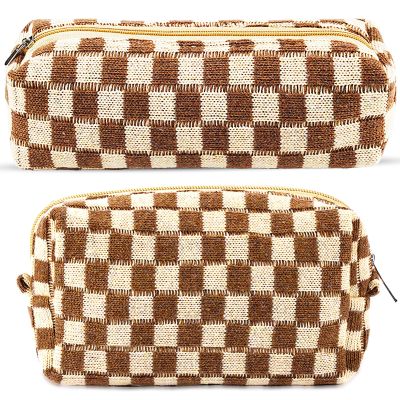 2Pcs Checkered Pencil Case Cute Pencil Pouch for Teens Checkered Makeup Bag Travel Cosmetic Bag Set Cute Makeup Pouch for Purse Portable Zippered Skincare Bags Preppy Toiletry Bags Organizer(Brown)