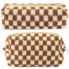 2Pcs Checkered Pencil Case Cute Pencil Pouch for Teens Checkered Makeup Bag Travel Cosmetic Bag Set Cute Makeup Pouch for Purse Portable Zippered Skincare Bags Preppy Toiletry Bags Organizer(Brown) view 1