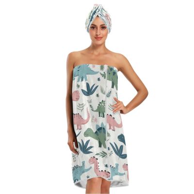 Bulletgxll Blue and Green Dinosaurs Women's Shower Wrap Towel Set of 3 Adjustable Spa Body Wrap Super Absorbent Bathrobe with Hair Towel & Headband