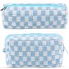 2Pcs Checkered Pencil Case Cute Pencil Pouch for Teens Checkered Makeup Bag Travel Cosmetic Bag Set Cute Makeup Pouch for Purse Portable Zippered Skincare Bags Preppy Toiletry Bags Organizer(Blue) view 1