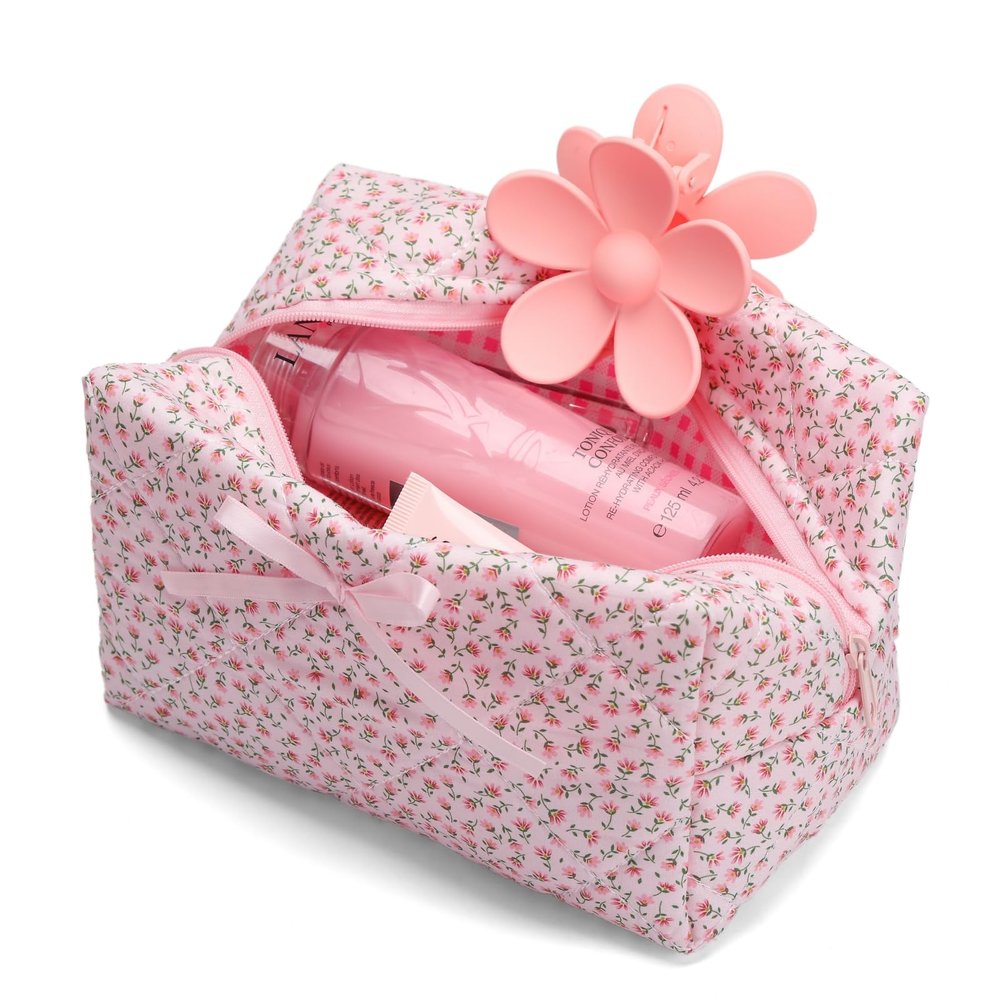 Saikaspotts Quilted Makeup Bag, Floral Cosmetic Bag Cute Handmade Aesthetic Pink Toiletry Bag Flower Coquette Accessories Cotton Pouch for Women