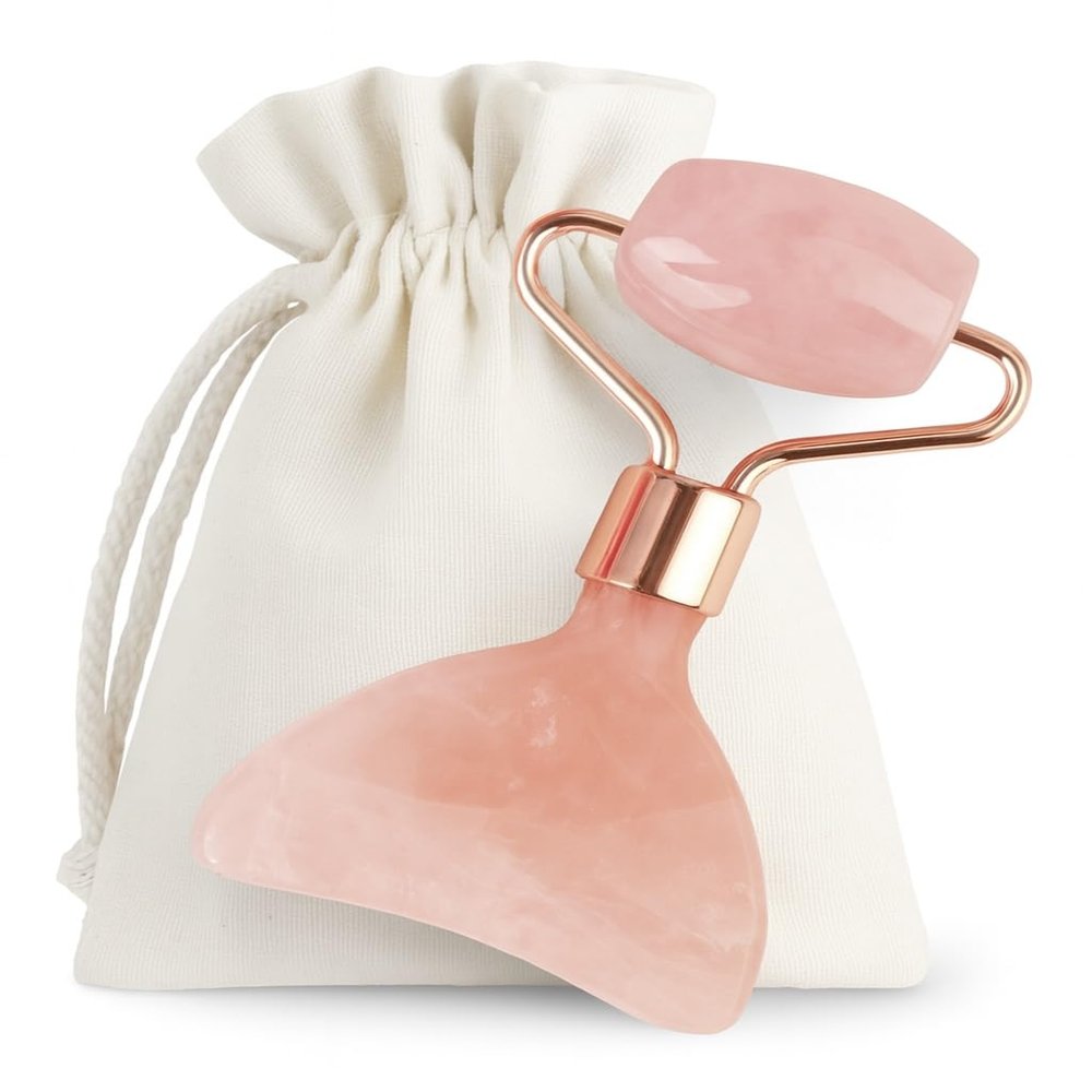 Boho Aromatic This Hippie Girl Gua Sha Glow Roller, Massage Tool Rose Quartz Facial Roller Massager, Sculpting Tool & Mini Face Roller, Dual Gua Sha Tool for Travel