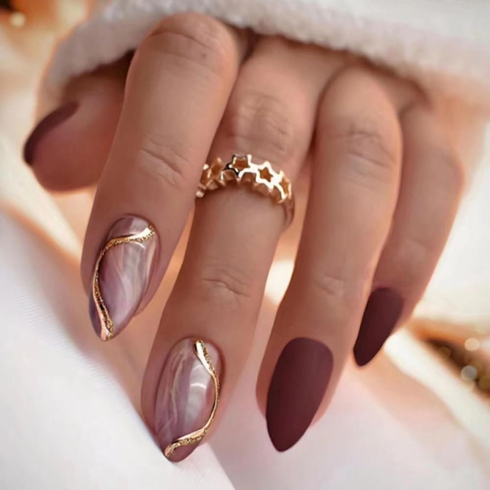 24Pcs Almond Press on Nails French Tip Brown Fake Nails Nude Red Medium Nails Press on Acrylic Nails Swirl Gold Winter False Nails with Designs Fall Glue on Nails for Women Girls DIY Nail Decorations