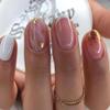 24Pcs CEWEWP Pink White Press on Nails Short French Tip Fake Nails with Gold Foil Glitter Design Press on Nails Acrylic Nails Oval False Nails for Women Stick on Nails Tip with Glue view 1