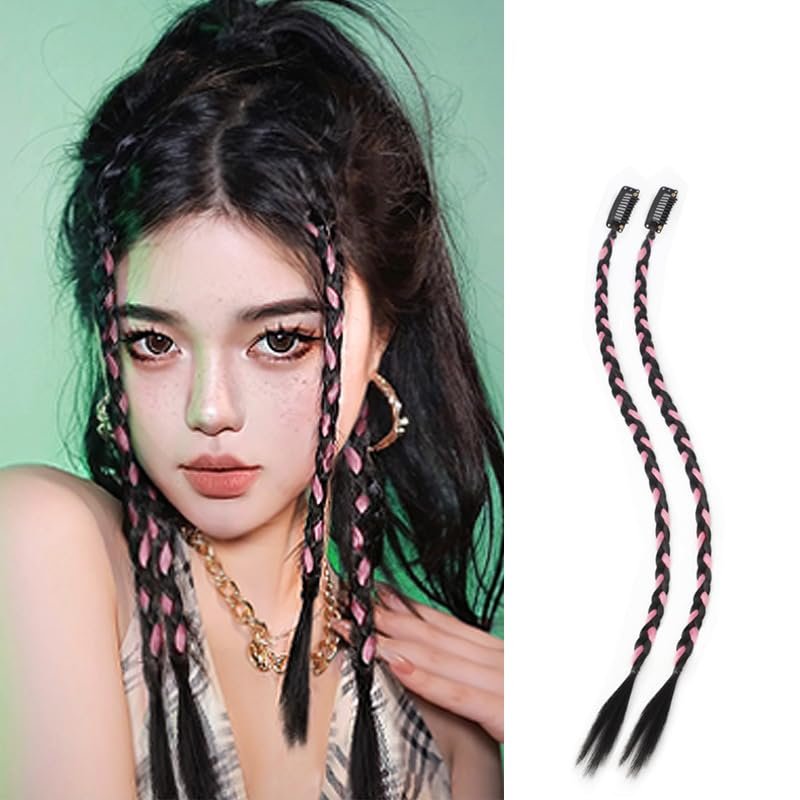 2PS Braids Hang Ear Dye Boxing Braid Hand Tied for Woman Girl Braiding High Temperature Fiber 18inch Clip in Hair (Brown black -pink)