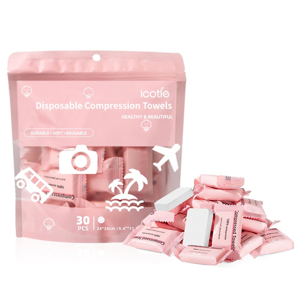 ICOTLE Compressed Towel 30 Pcs Disposable Compressed Face Towel Portable Cotton Coin Tissue Camping Towel for Travel/Home/Outdoor Activities