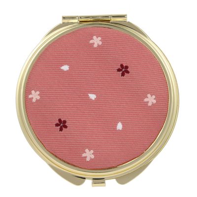 FORTUNA Tokyo Compact Mirror, Nishijin Textile Silk Hand Mirror, Double-Sided Mirror, Magnifier, Made in Japan, Round Size, Cherry Blossom Pattern -15, Sakura (Pink/Gold)